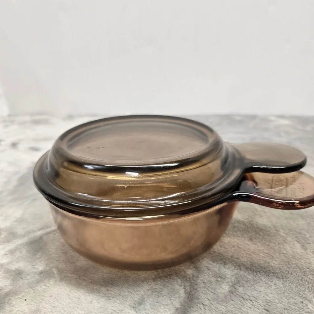 Vision Corning Amber Glass Grab-It Bowl V-150-B with Pyrex Lid P-150-C USA Retro